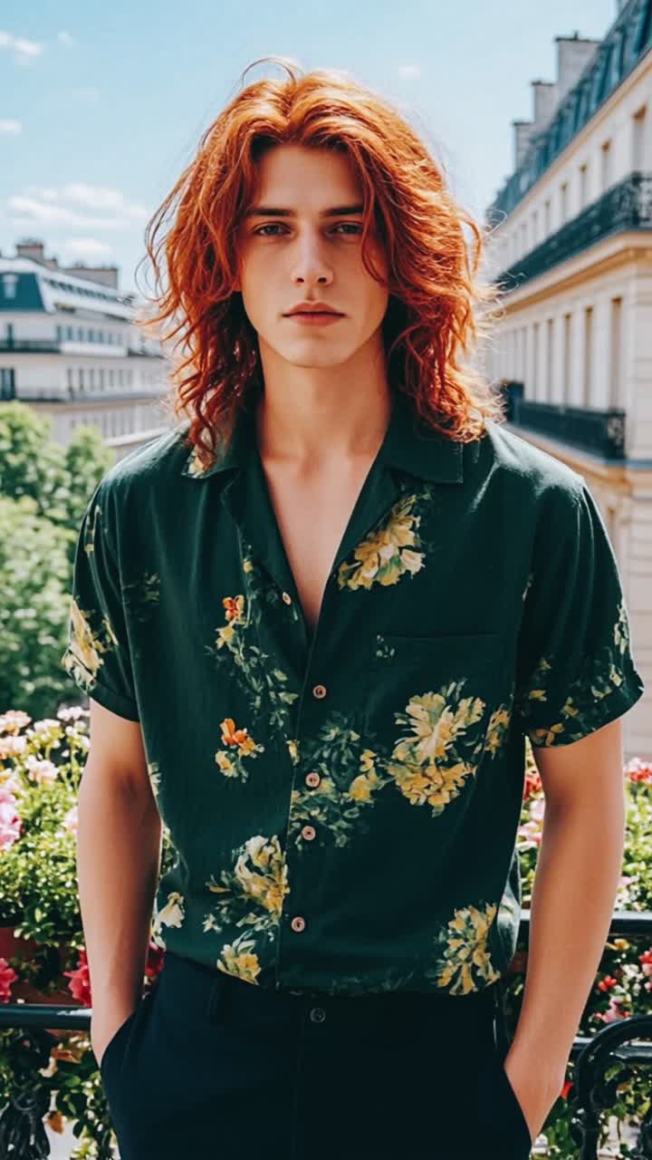 Giovane uomo con camicia floreale a Parigi