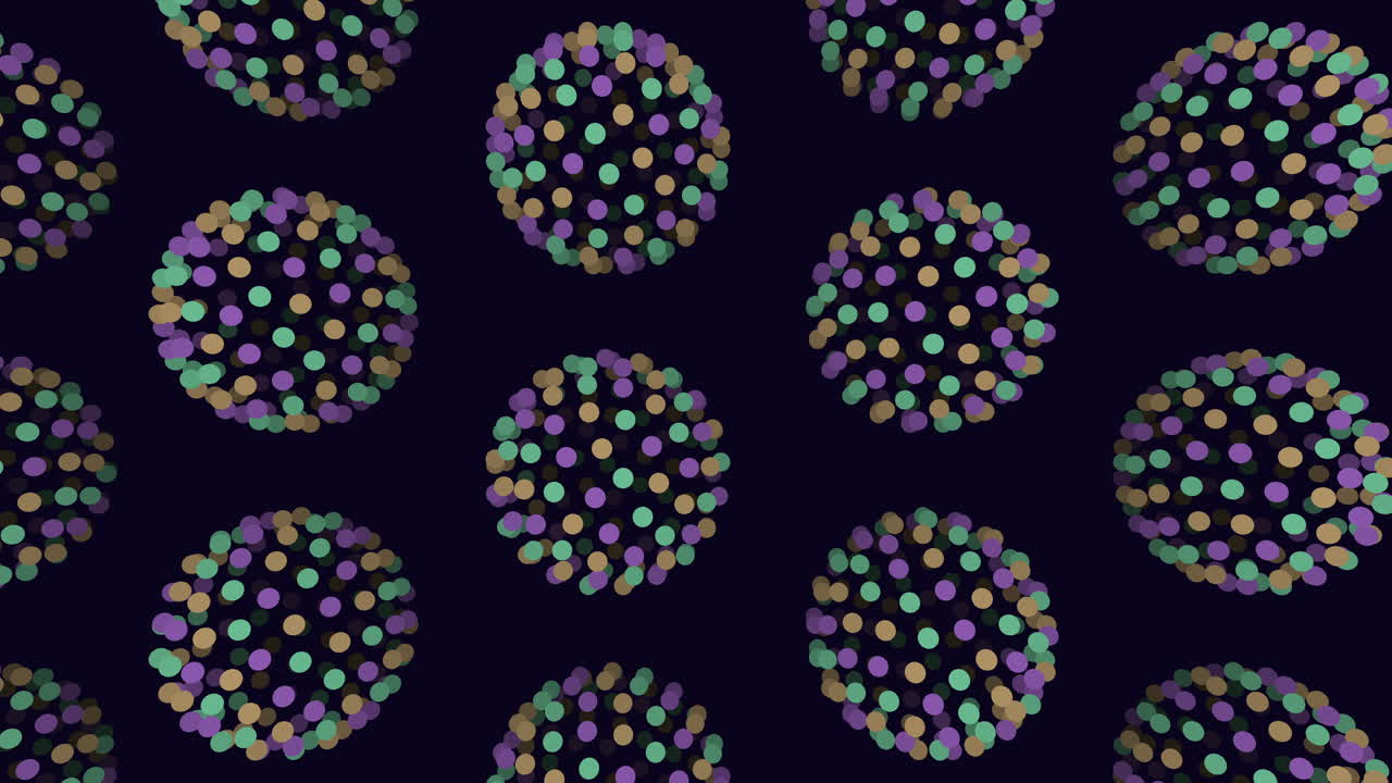 Illusion neon spheres pattern in rows with neon dots on dark gradient