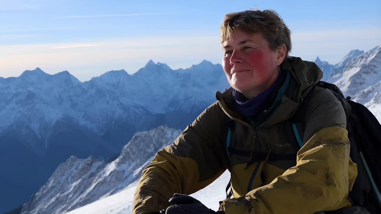 Woman Hiker on a Snowy Mountain Peak