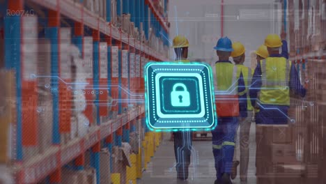 animation of padlock and data processing over diverse workers walking in warehouse