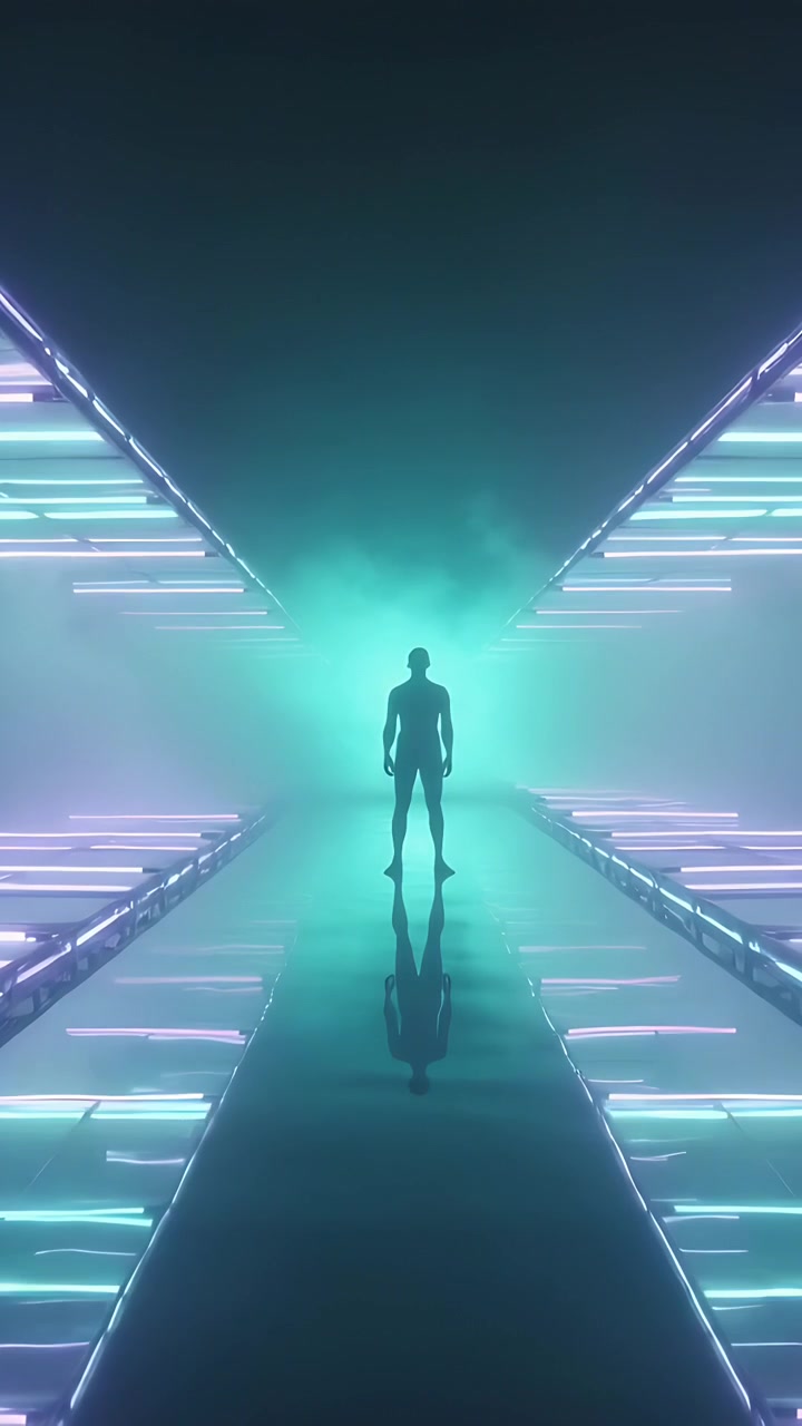 Vertical video: Backlighting male modeling on glossy runway in corridor with fog, LED bars