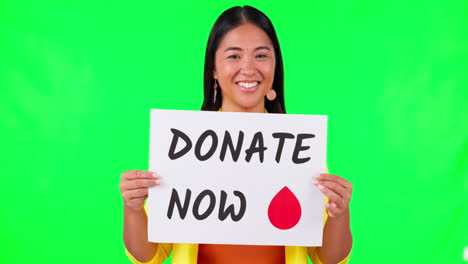 asian woman, billboard and blood donation on green