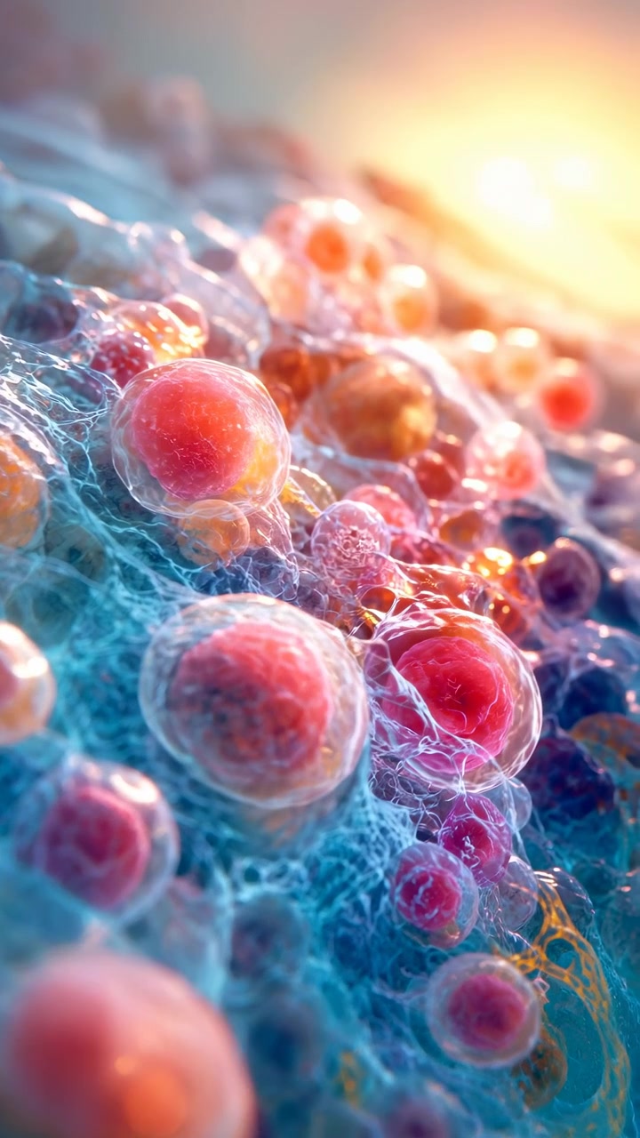 Vista macro ravvicinata e obliqua dal basso di sfere traslucide e lucide, simili a cellule, incorporate in una delicata ragnatela di filamenti blu su una superficie inclinata, con retroilluminazione calda, messa a fuoco morbida e profondità luminosa.