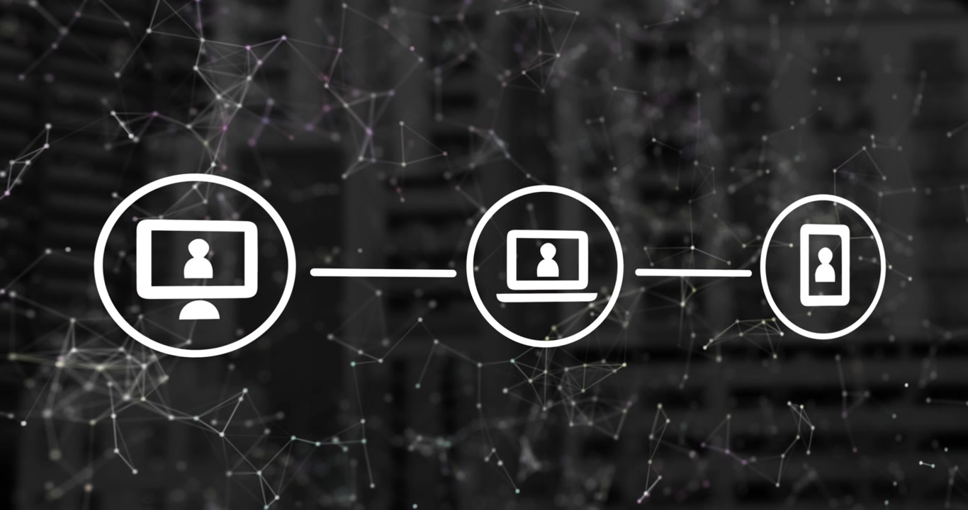 Animation of network of connections with icons over architectural drawing blue mesh