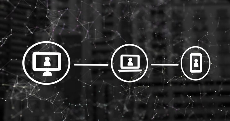 Animation of network of connections with icons over architectural drawing blue mesh