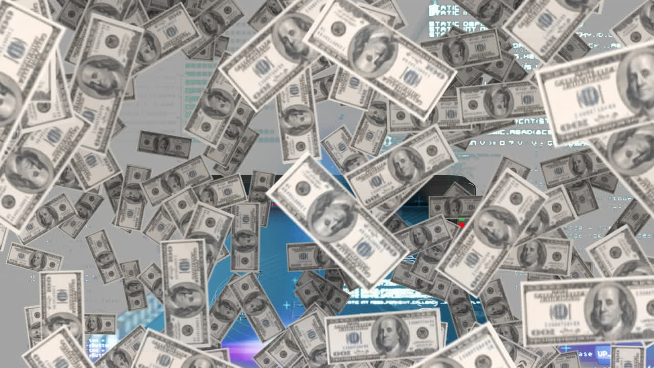 animación de dólares flotando sobre tarjetas bancarias y procesamiento de datos en segundo plano