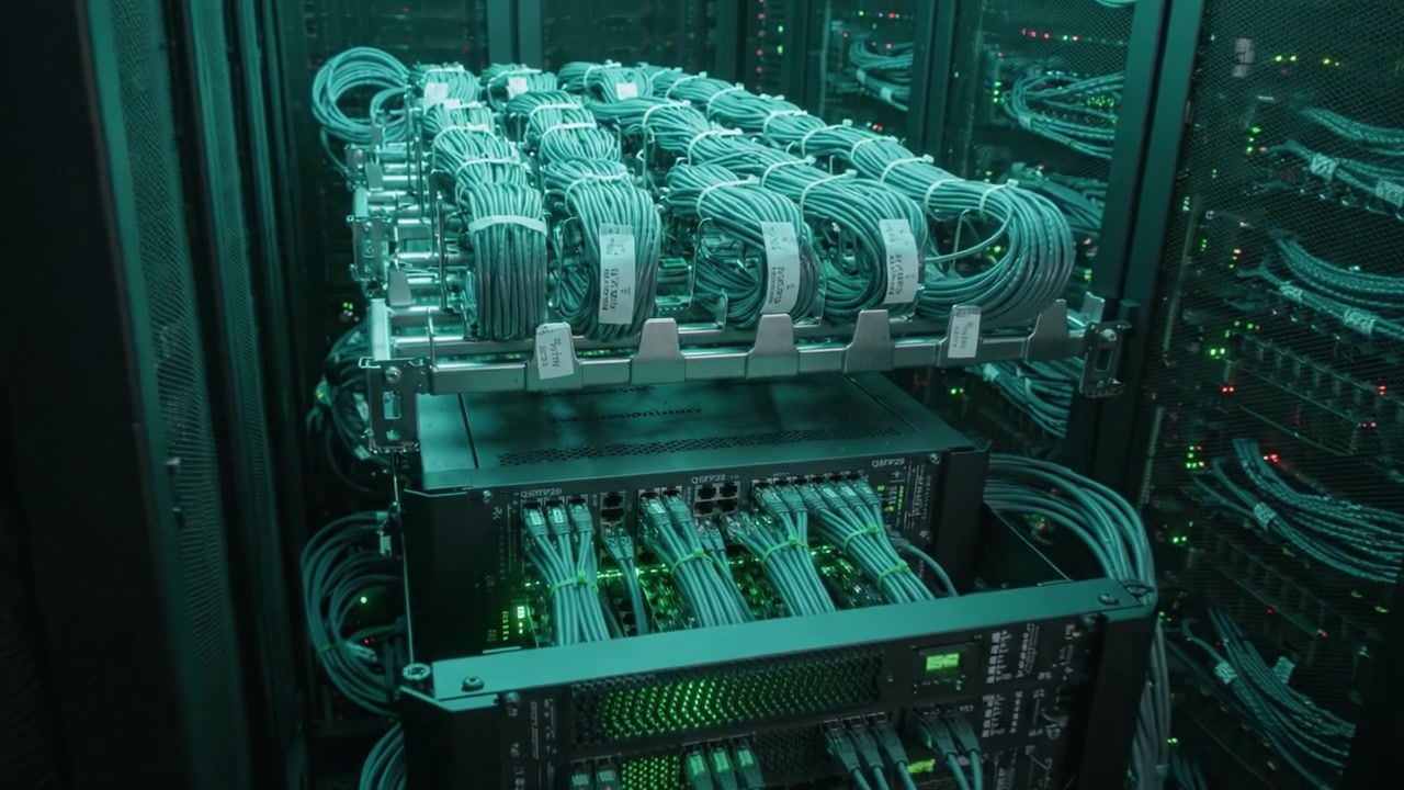 High-Tech Data Center with Network Cables and Servers Illuminated in Green Light, Showcasing Modern Infrastructure for Data Processing and Storage Solutions