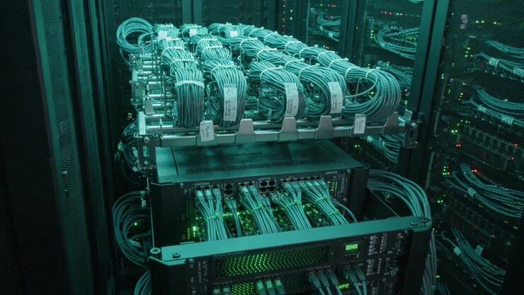 High-Tech Data Center with Network Cables and Servers Illuminated in Green Light, Showcasing Modern Infrastructure for Data Processing and Storage Solutions