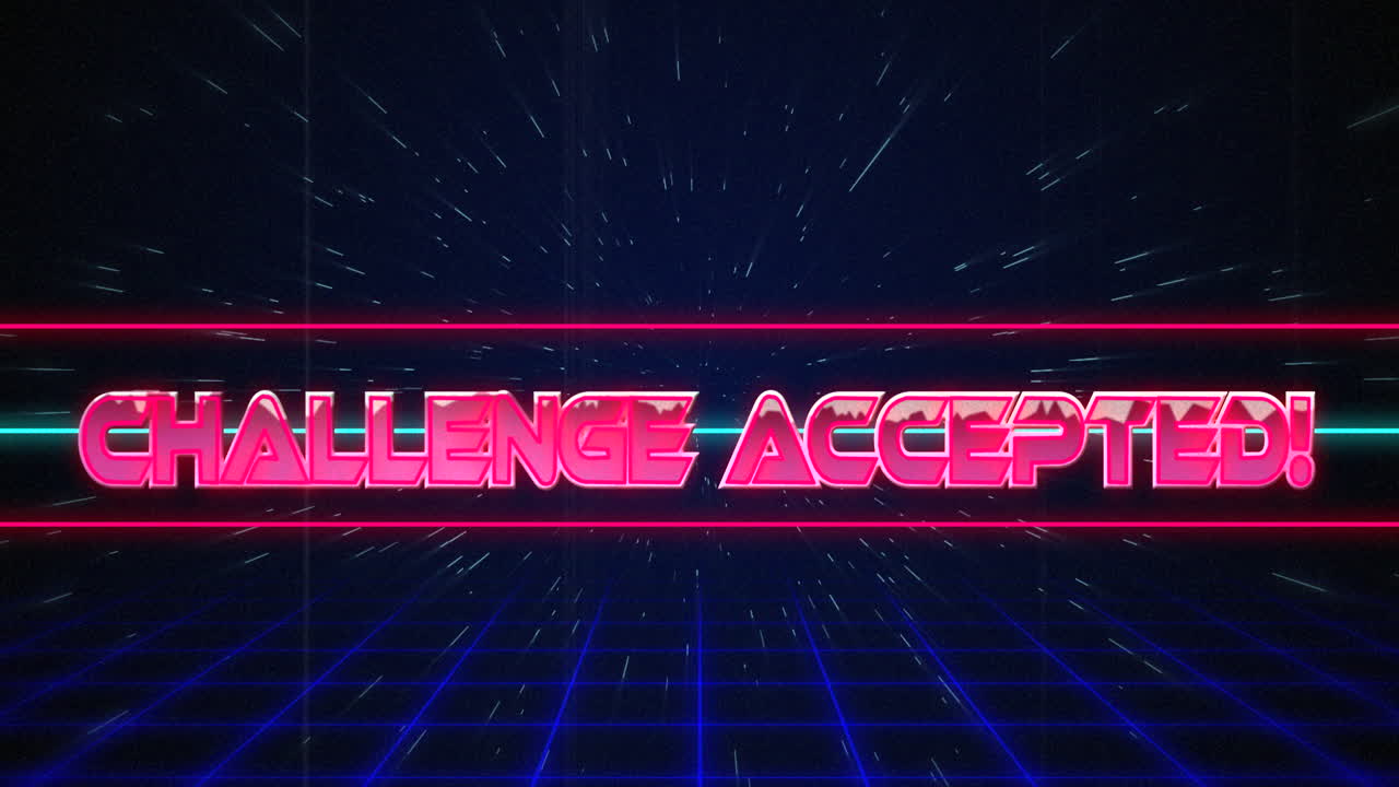 Retro Challenge accepted text glitching over blue and red lines on white hyperspace effect
