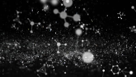 animación de moléculas y gotas de agua que caen sobre un fondo negro