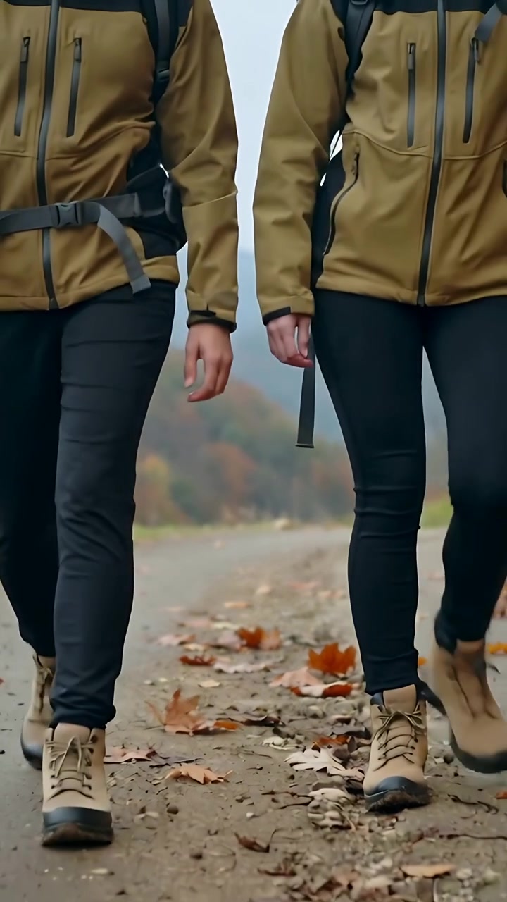 Video verticale: Coppia che cammina verso l'obiettivo su un sentiero nella valle, facendo escursioni con giacche e zaini.