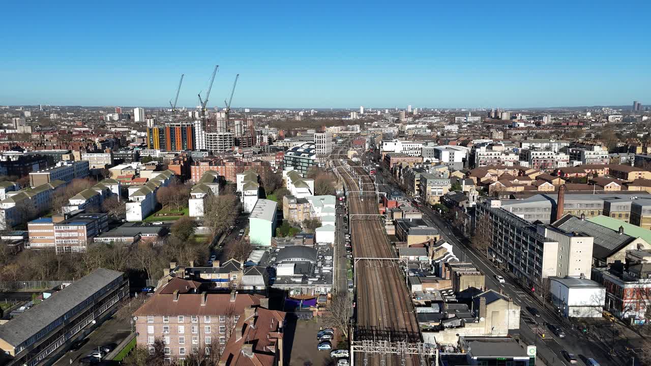 Overground railway line Bethnal Green East London UK drone,aerial