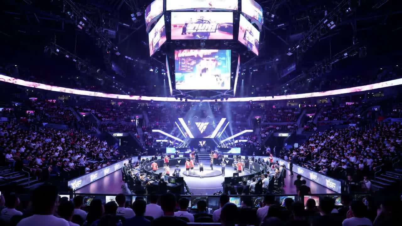 An Electrifying Celebration: Enthusiastic Audience Engaging in a Thrilling Live Event with Stunning Visuals and High Energy in a Packed Arena