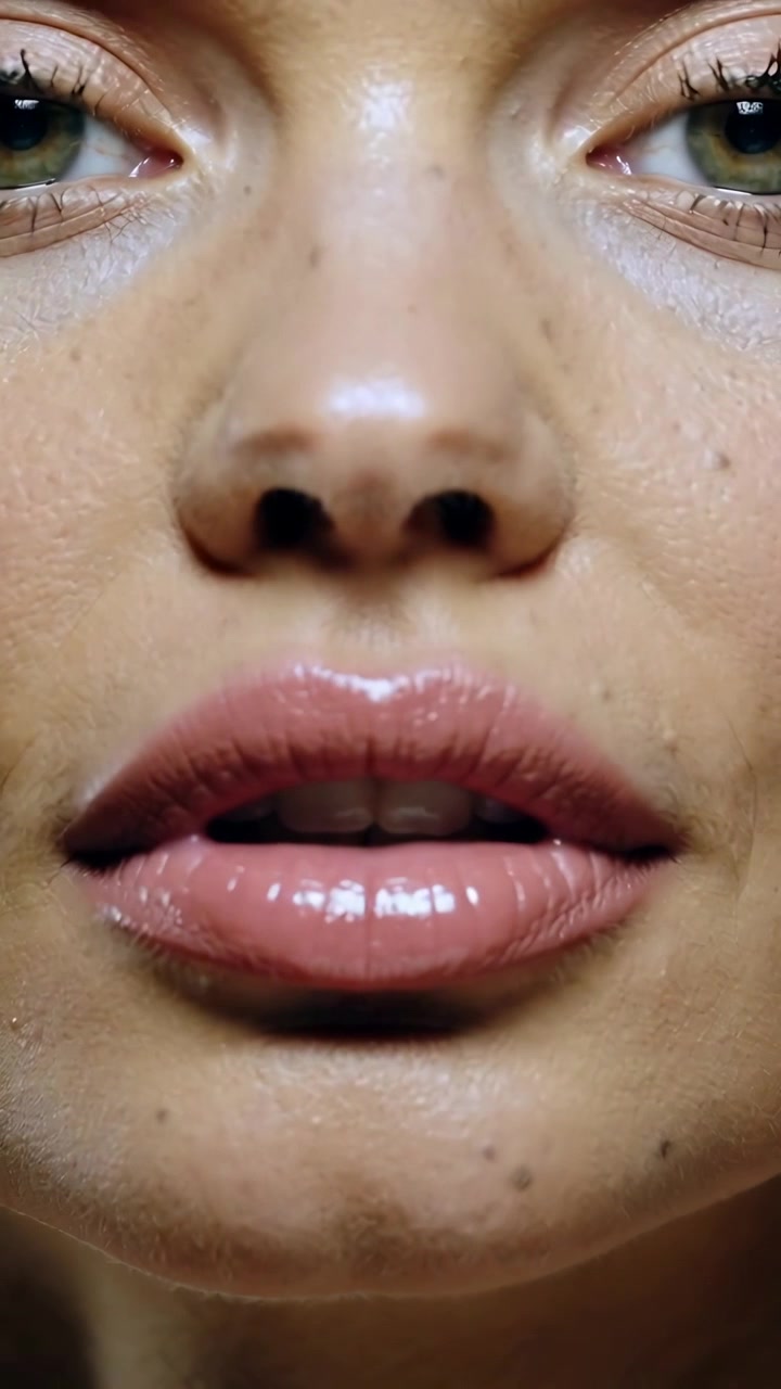Vídeo vertical: Câmera gravando, modelo fazendo movimentos sutis com a boca em estúdio, exibindo brilho labial