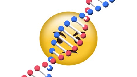 animación digital de la estructura del adn girando sobre un emoji de cara enojada contra un fondo blanco
