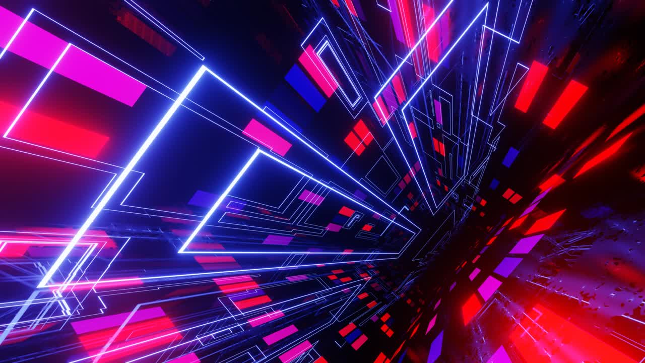 Hi-tech neonový sci-fi tunel se sci-fi vzorem. Trendy neonové zářící linie tvoří konstrukci v zrcadlovém tunelu. Průlet technologickým kyberprostorem. 3D plynulá smyčka, 4K jasné pozadí pro mladé.