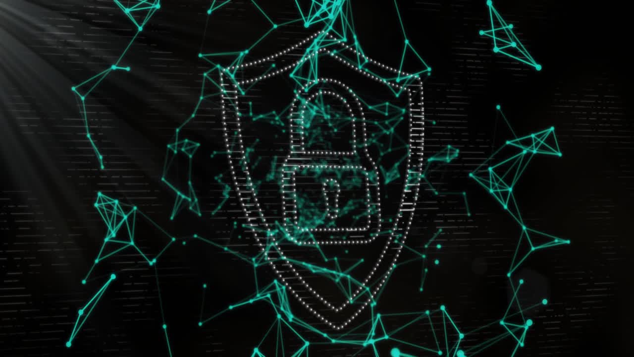 Nodos azul verdoso a la deriva conectando mallas que esbozan un escudo que forma un candado que asegura la red de datos
