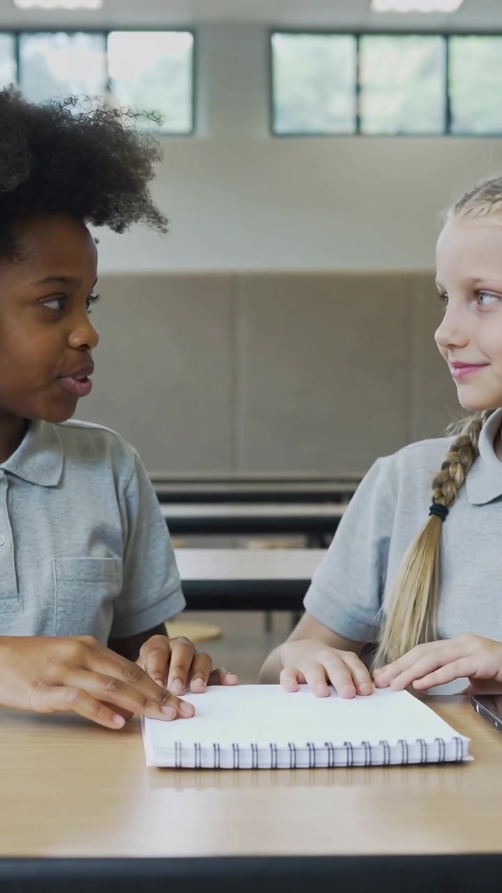 Vertical video: Gaze sparking left girl talking, turning notebook, sharing at school in grey polos