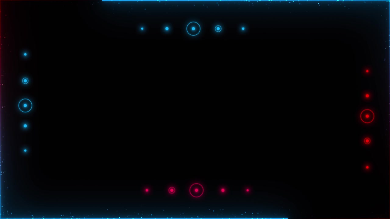Dark digital hud frame visual with glowing red and cyan particle accents open black center and