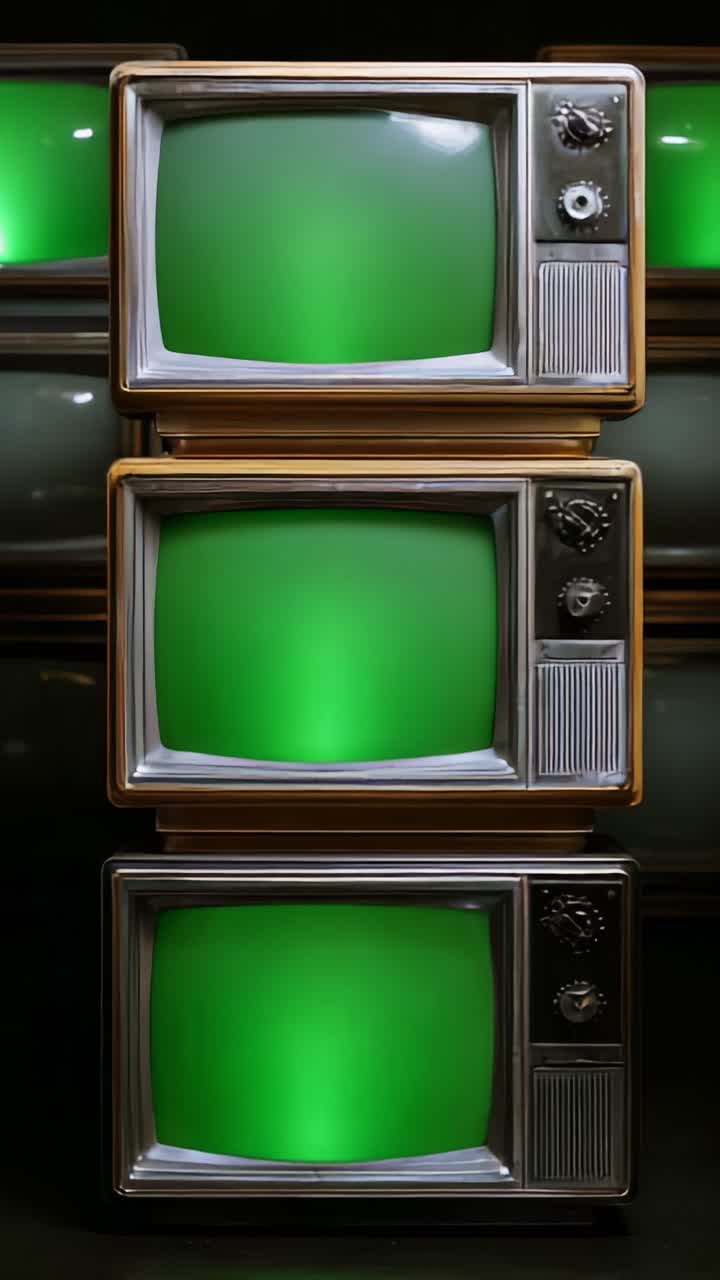Set televisivo retrò con schermi verdi: un'estetica vintage di televisori classici impilati in una composizione elegante su uno sfondo scuro