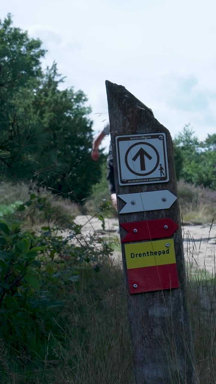 Hiker on the Drenthepad Trail with Directional Signs