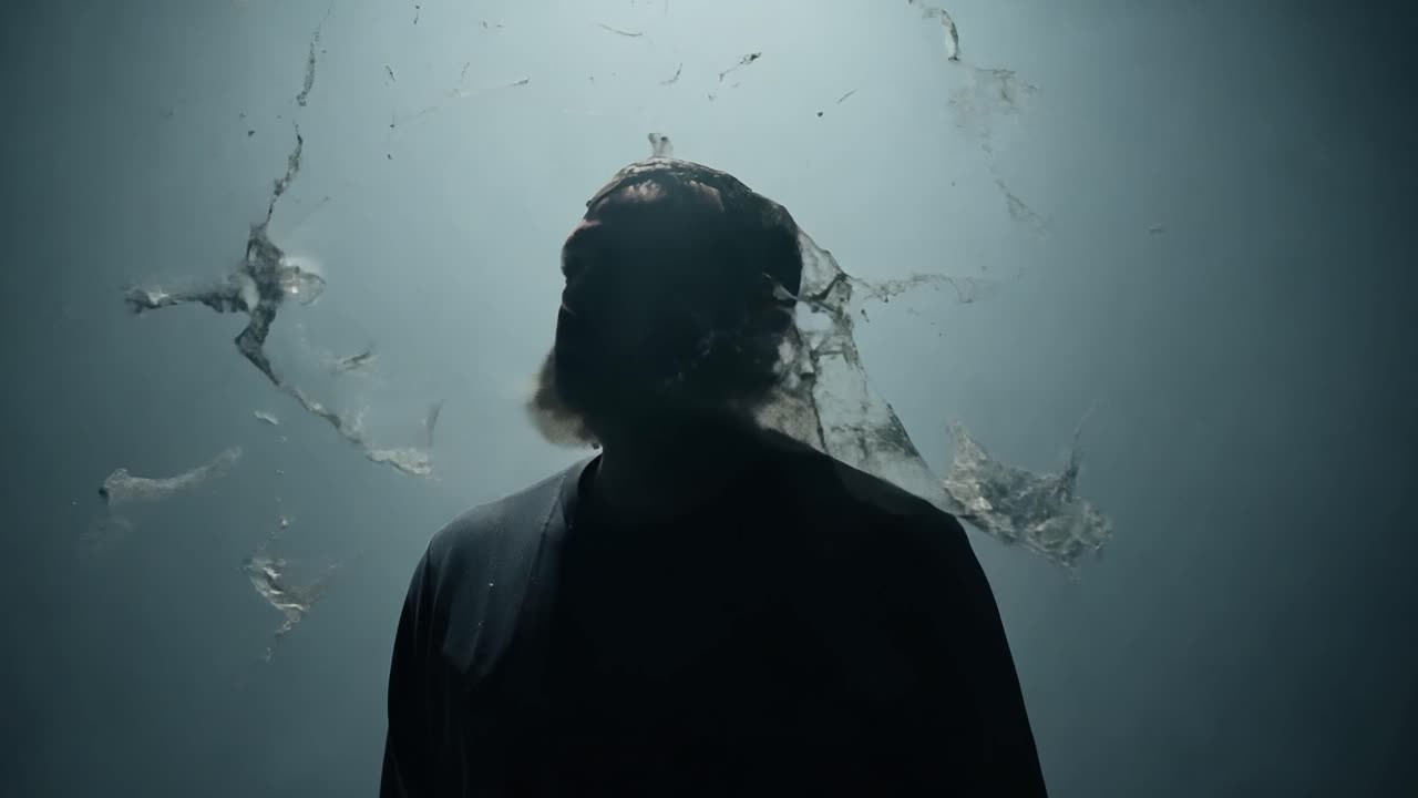 어두운 셔츠를 입은 남자가 그의 머리에 검은색 페인트를 던지면서 파란색 배경에 비추어 조명됩니다.