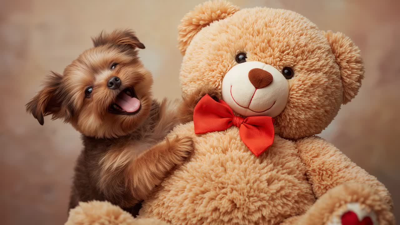 In risposta al clic della fotocamera, cagnolino marrone che inclina la testa in studio, con la zampa appoggiata su un orsacchiotto