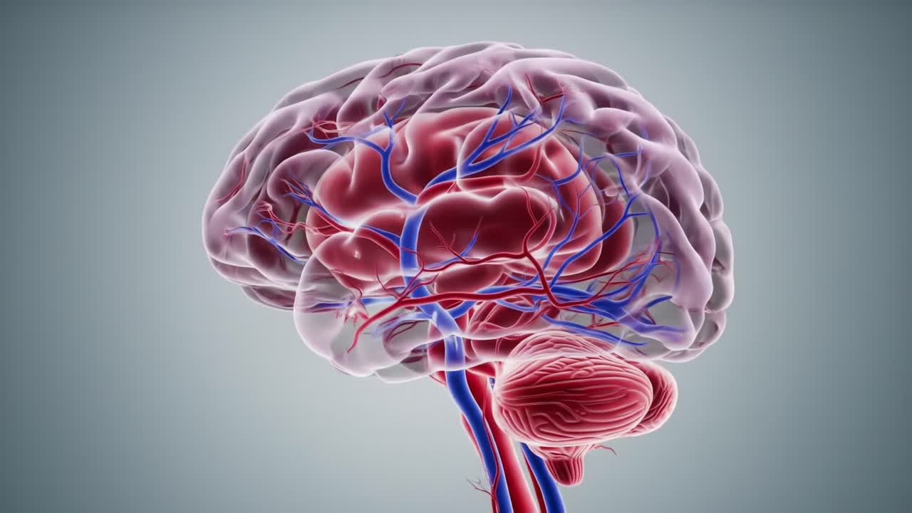 Detailed 3D Visualization of the Human Brain Anatomy Highlighting Vascular Structures and Neural Pathways for Educational and Scientific Purposes