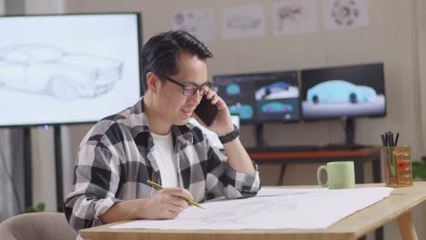 vista lateral de un hombre asiático hablando en un teléfono inteligente mientras trabaja en un boceto de diseño de automóvil en la mesa en el estudio con televisión y computadoras muestra modelo de coche eléctrico 3d