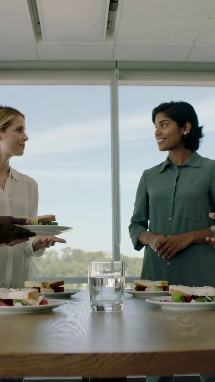 Vertical video: Passing plate, two staff with woman in green top receiving plate at office on break
