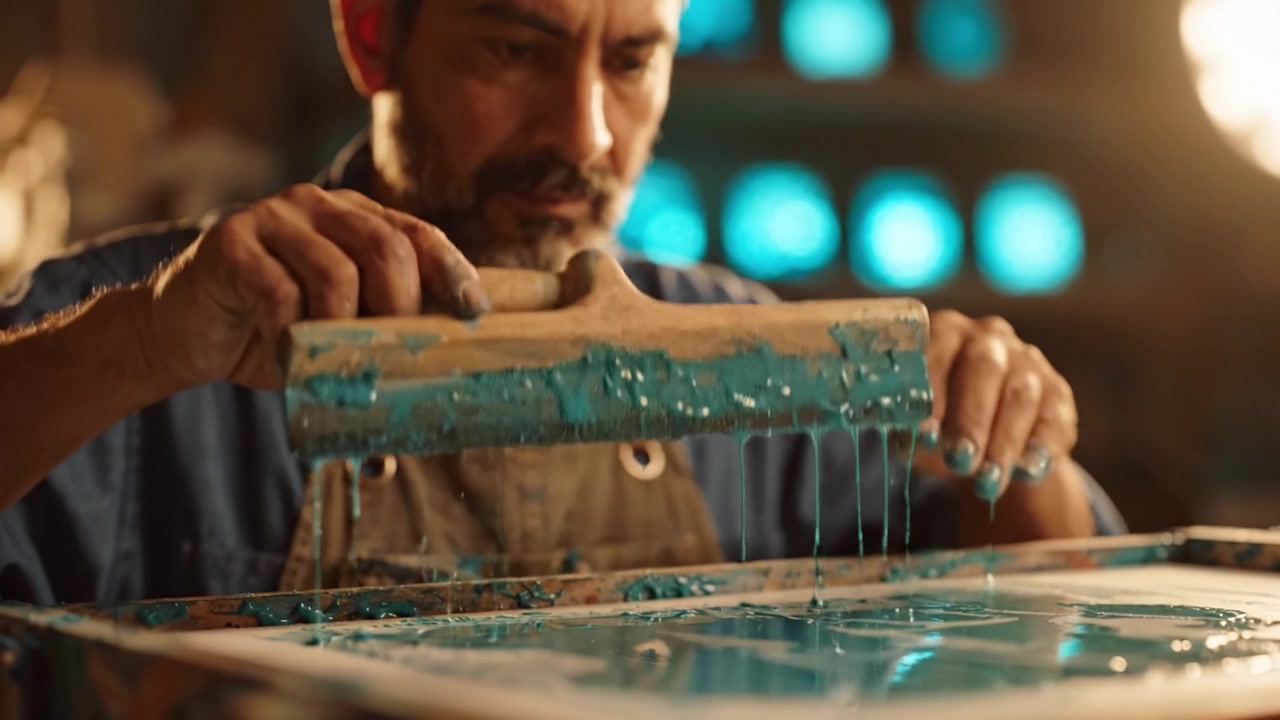 Artisan Carefully Applying Turquoise Paint with a Wood Tool, Showcasing Focus and Craftsmanship in a Dimly Lit Studio Environment
