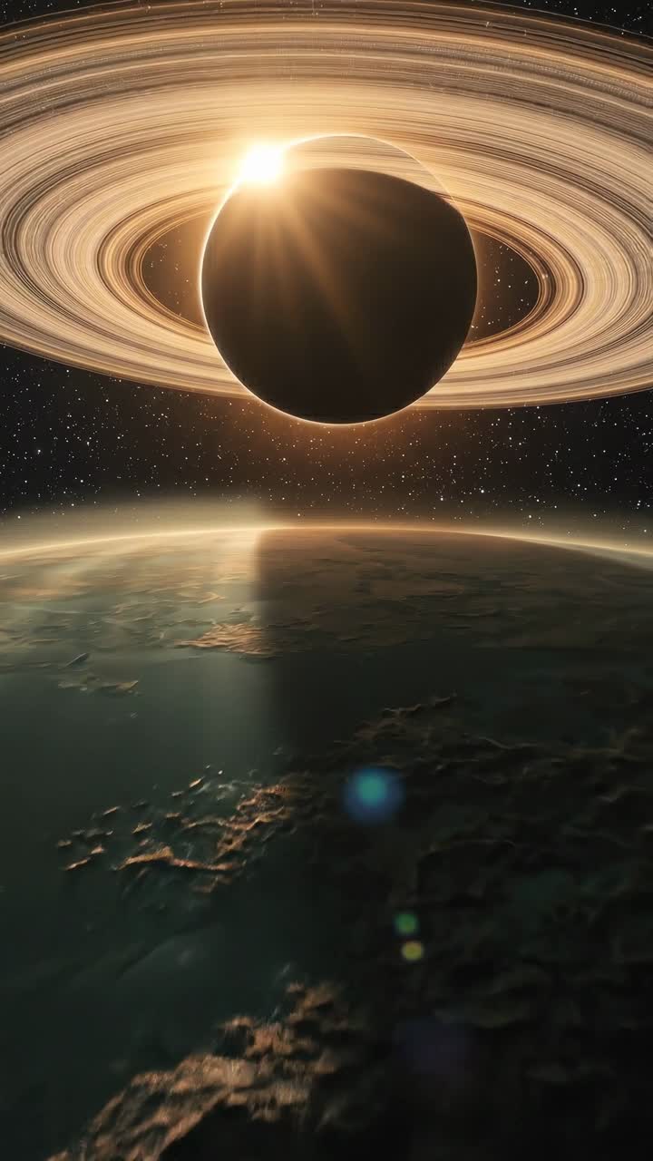 A cosmic video concept with a low-angle view of Saturn's rings glowing above Earth