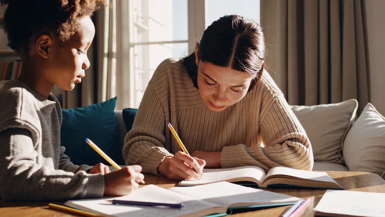 엄마가 아이의 숙제를 도와주는 것