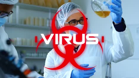 animación de la palabra virus con un trabajador de la salud en el fondo durante la pandemia de coronavirus