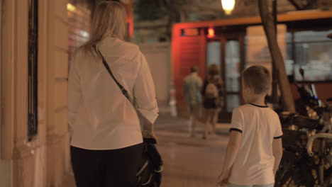 Una-Mujer-Con-Un-Cochecito-De-Bebé-Y-Un-Hijo-Mayor-Caminando-Por-La-Calle-Al-Atardecer