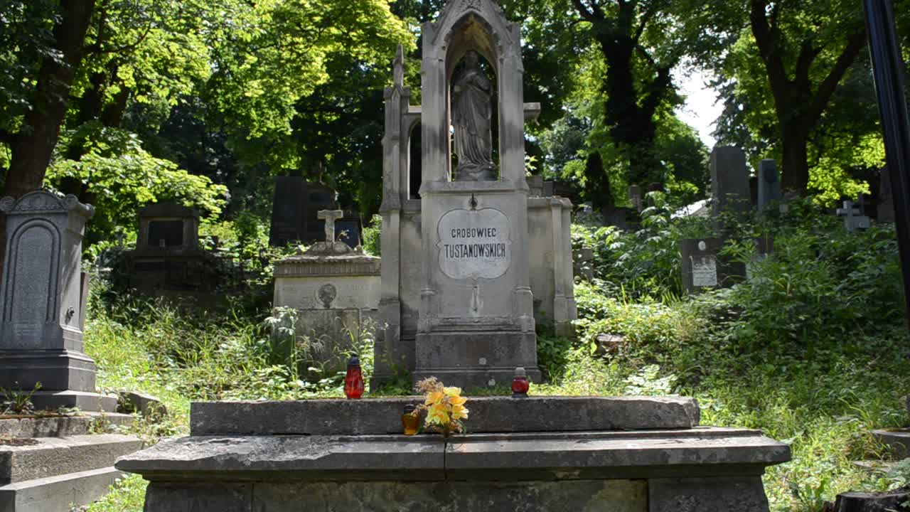 Lapidi in un cimitero. Leopoli, Ucraina. Cimitero di Lychakiv, il complesso storico e commemorativo (dal 1991) a Leopoli nel quartiere storico di Lychakiv, uno dei cimiteri più antichi dell'Ucraina.
