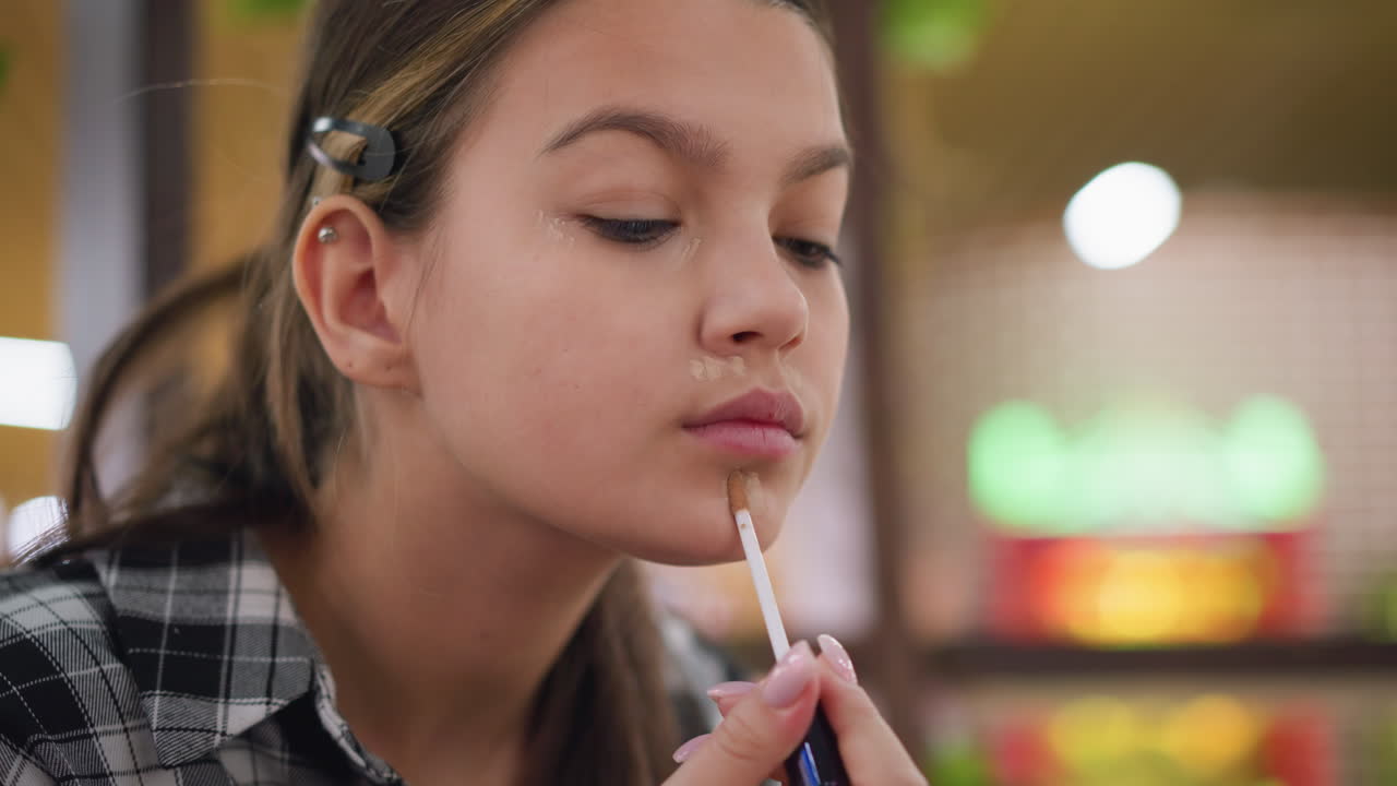 dama enfocada aplicando fundación de maquillaje en la cara con pincel de precisión para un aspecto impecable, rutina de belleza en un espacio bien iluminado con fondo cálido, mejorando el tono de la piel