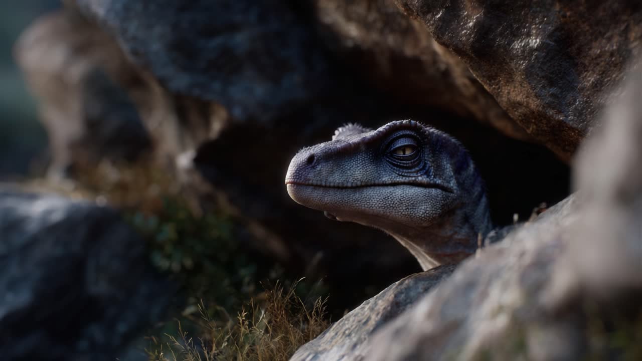 En nysgjerrig dinosaur dukker forsiktig frem bak steinete kampesteiner, som avslører sine fascinerende trekk, og fanger essensen av forhistorisk liv i et uventet øyeblikk.