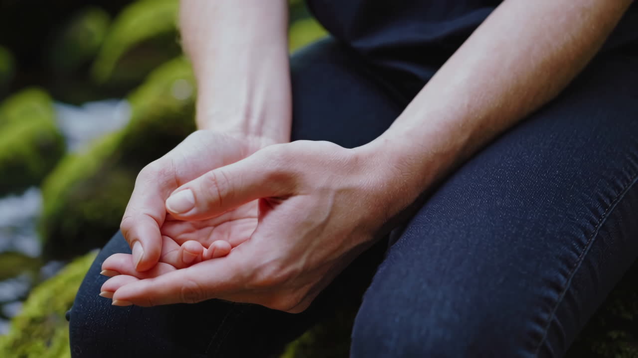 las manos de la mujer apretadas en la naturaleza