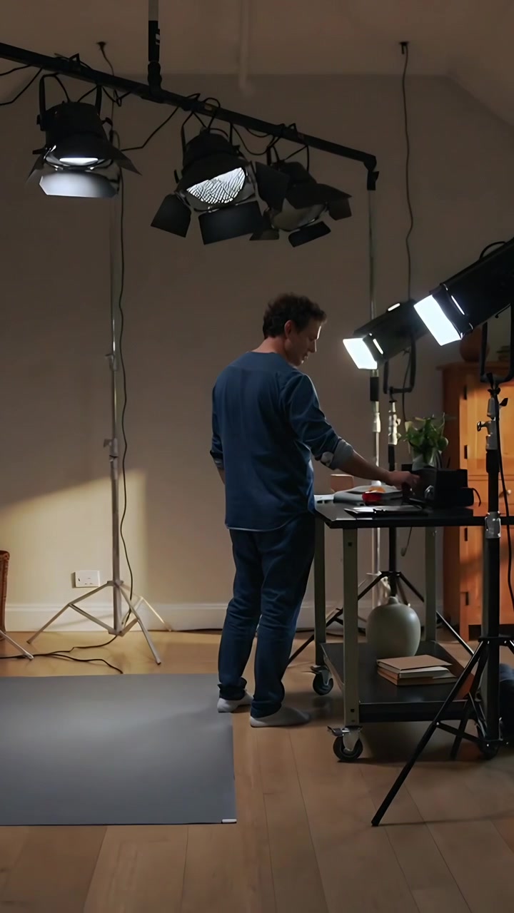 Video vertical: Hombre ajustando en camisa azul organizando accesorios en un carrito en el estudio, impulsado por las luces