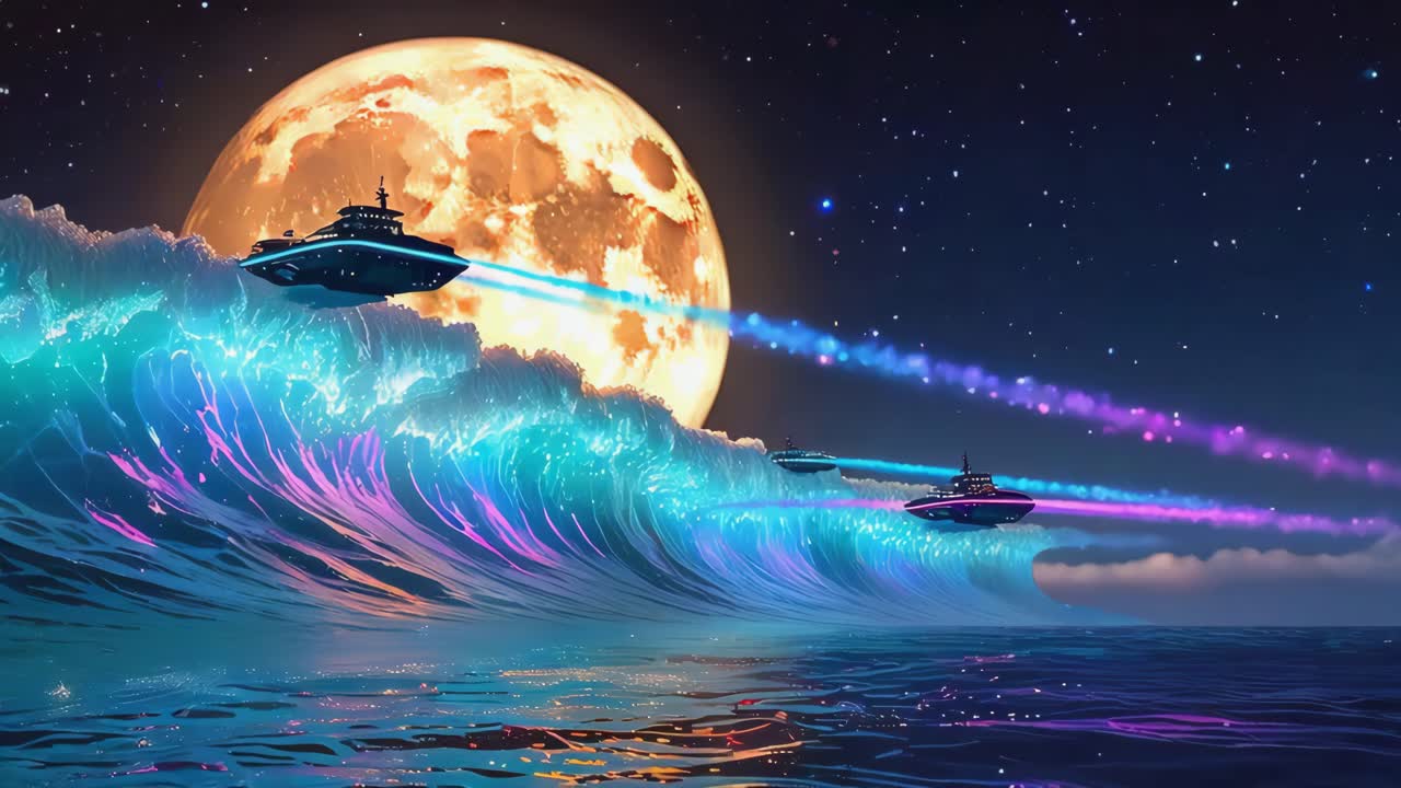 Futuristic Yachts Sailing on a Giant Wave Under the Moonlight