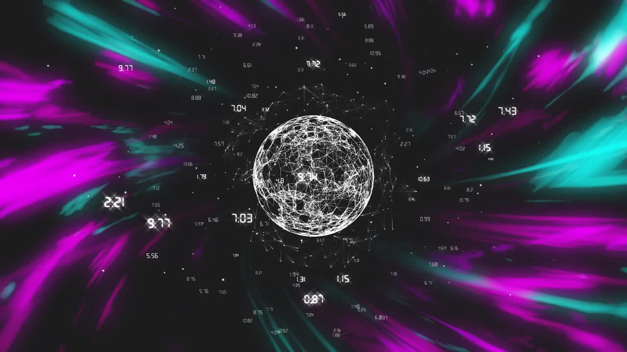 Animation of network of connections with globe and light trails over black background