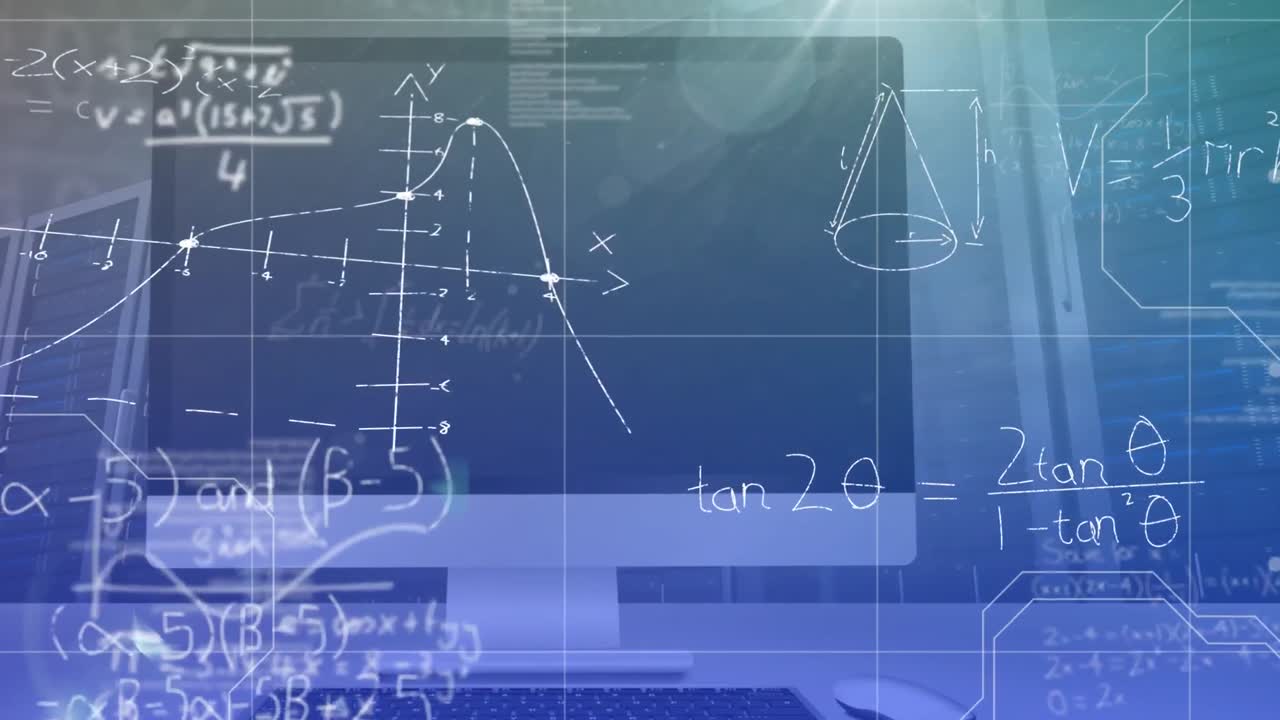 Mathematical equations and diagrams against computer in server room