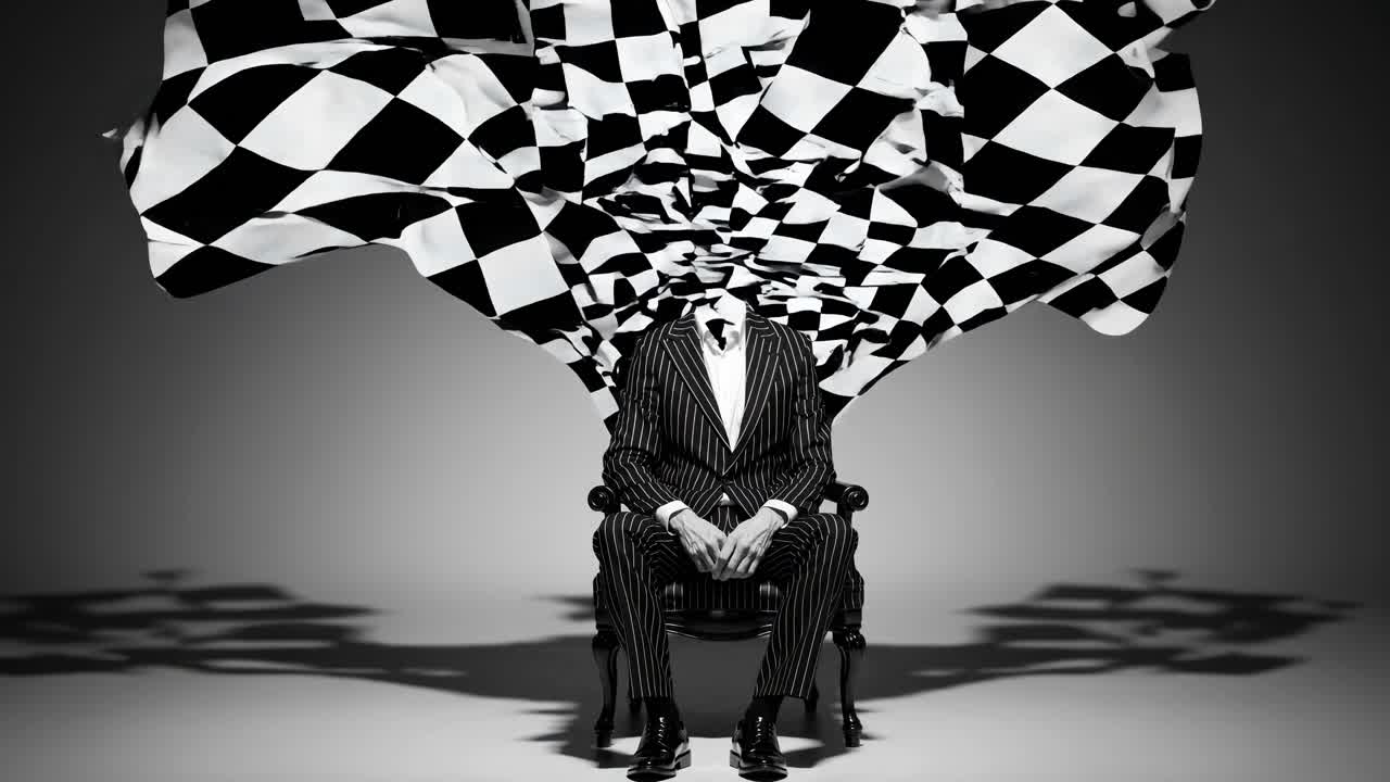 Businessman sitting motionless, checkered racing flag obscuring face, representing corporate anonymity and identity erasure in modern workplace environment