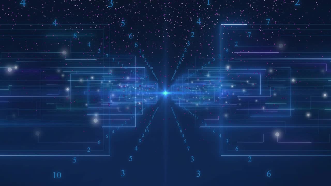 Bright node emerging in blue field pulsing, sending light along glowing lines while streaming data