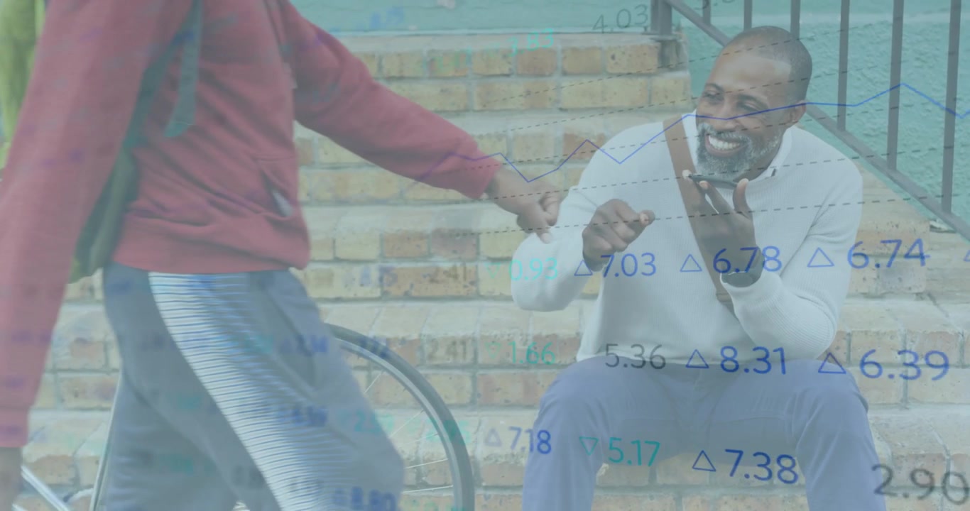 Animation of financial data processing over african american man using smartphone in city