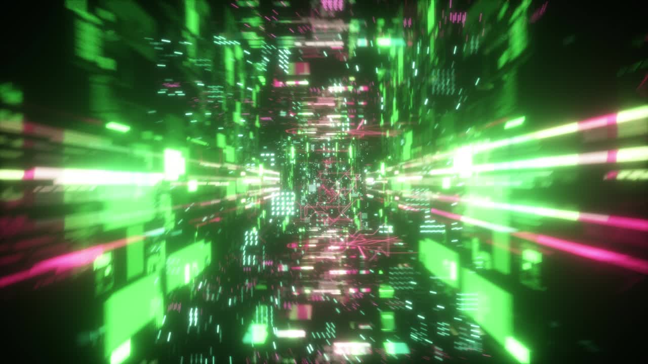 Flying in the chaotic technological futuristic space tunnel. Animation for music videos, nightclubs, audiovisual shows and performance, LED screens and projection cards. Seamless loop 3d render
