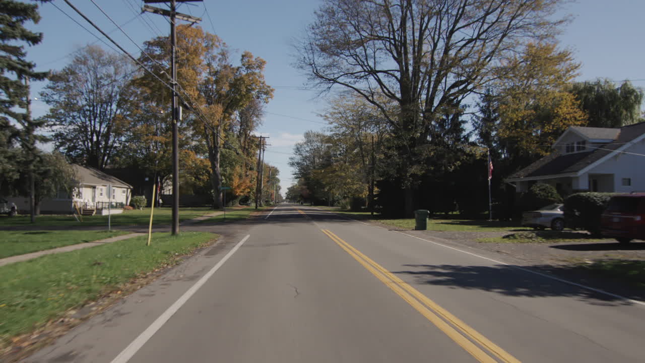Driving straight on a flat road in a typical American agricultural region. Driver's view
