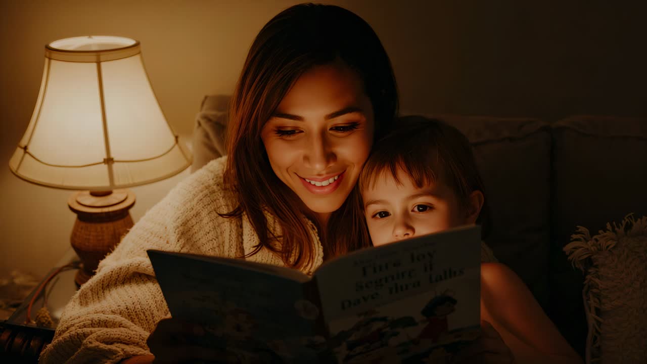 Starting bedtime, mom in sweater reading board book, child in pjs on couch, lamp lighting pages