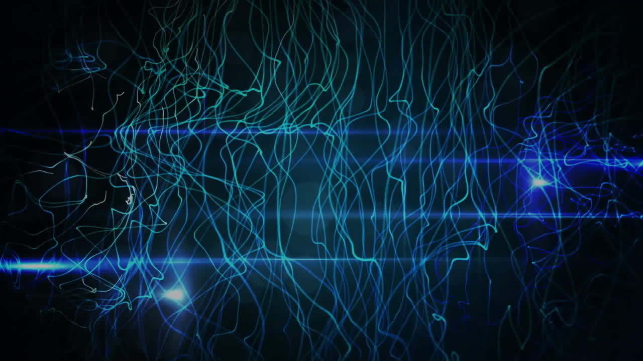 Animation of glowing lights over blue light trails on dark background
